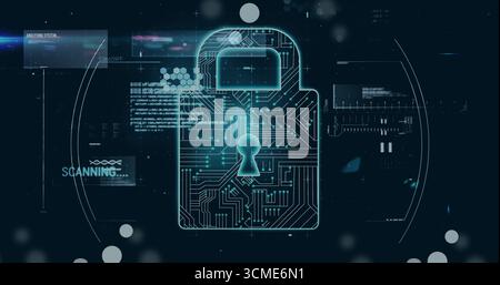Projecting padlock icon scanning security interface with circuit honeycomb, SCANNING text overlay Stock Photo