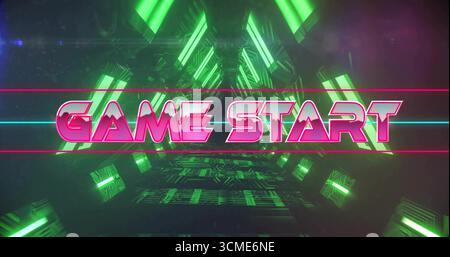 Displaying stylized pink 'GAME START' banner in neon-lit futuristic tunnel, with green panels Stock Photo