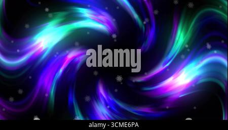Swirling neon light vortex forming in digital space, with glowing trails and snowflake particles Stock Photo