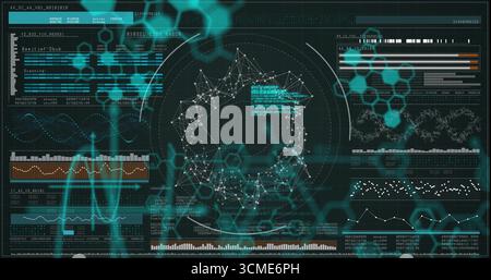 Displaying central node network on analytics dashboard, with teal hex patterns and bar charts Stock Photo