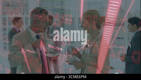 Holding coffee cups and saucers, center executives networking in meeting lounge with stock overlay Stock Photo