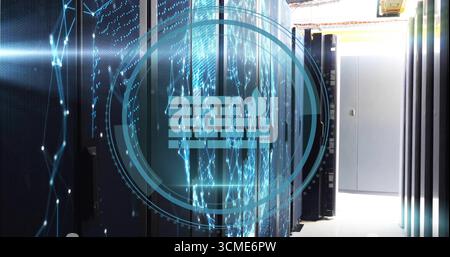 Showing server racks displaying network overlay in data center with switches, cables, floor panels Stock Photo