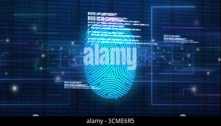 Displaying blue fingerprint graphic glowing over security dashboard, with code panels and data flow Stock Photo