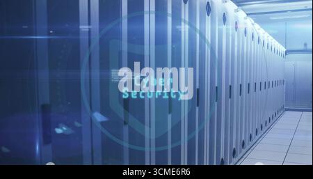 Lining white and gray server cabinets in data center corridor, displaying Cyber Security overlay Stock Photo