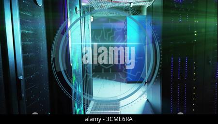 Holographic padlock icon and interface overlay illuminating data center corridor, with server racks Stock Photo