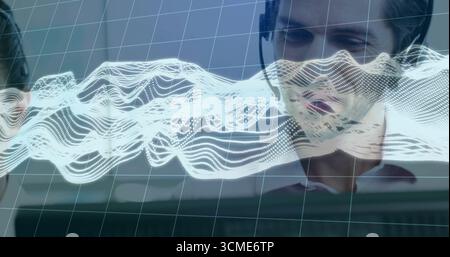 Monitoring man wearing headset analyzing monitor audio visualization in cubicle, waveform overlay Stock Photo