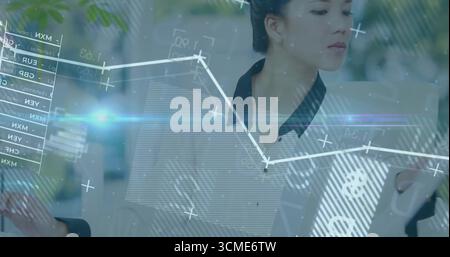 Holding documents, businesswoman in jacket analyzing financial data overlays in office, copy space Stock Photo