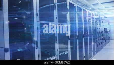 Extending server cabinets with glass doors and cables lining datacenter aisle, with digital overlay Stock Photo