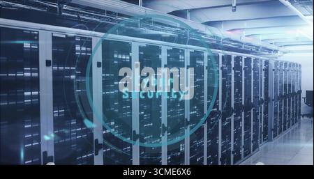Operating server rack cabinets displaying blinking LEDs in data center aisle, cybersecurity overlay Stock Photo