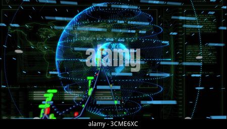 Displaying holographic globe in futuristic dashboard, with line charts and code panels Stock Photo