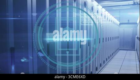 Projecting holographic shield symbol floating in cooling data center corridor, with server racks Stock Photo