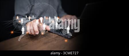 Hand interacting with global people network, representing customer relationship management, HR solutions, teamwork, and business innovation for intern Stock Photo