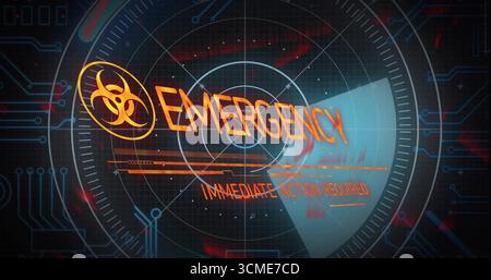 Flashing biohazard alert on panel showing EMERGENCY and IMMEDIATE ACTION REQUIRED amid circuit grid Stock Photo