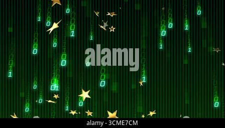 Streaming binary digits cascading in digital field, with gold five-pointed stars and motion trails Stock Photo
