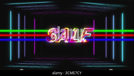 Glowing neon SALE text pulsing on black backdrop, with multicolored lines and vertical bars Stock Photo