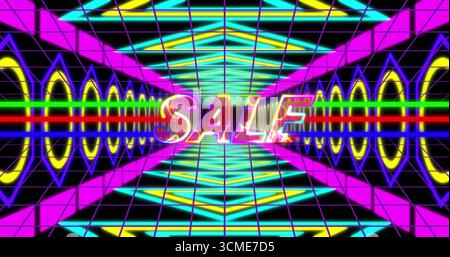Floating glowing neon SALE sign illuminating digital corridor tunnel, with magenta grid lines Stock Photo