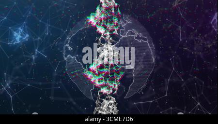 Glitching vertical column intersecting wireframe globe in data field, pulsing with RGB meshes Stock Photo
