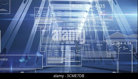Displaying futuristic hall featuring beams and grid floor at data center, with HUD overlays Stock Photo