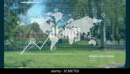 Displaying world map grid overlay in park, showing markers, line chart, timestamps and data tables Stock Photo