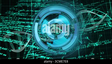 Displaying holographic interface occupying 40% of width in 3D grid, with DNA helix and code streams Stock Photo