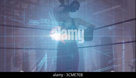 Leaning female boxer holding one glove to head inside gym boxing ring, with digital brain analysis Stock Photo
