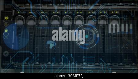 Server rack processing data in data center, with drive bays, circuit boards and digital overlay Stock Photo