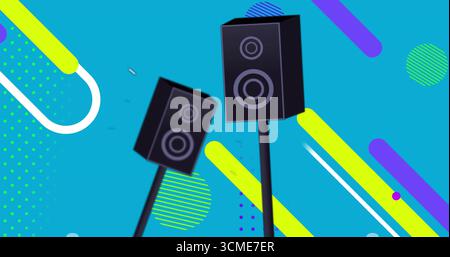 Featuring two black speaker boxes mounted on slender stands against blue backdrop, with neon shapes Stock Photo