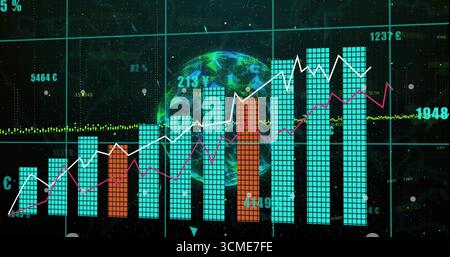 Displaying dashboard at holographic UI, with turquoise orange bars, white magenta lines, globe grid Stock Photo