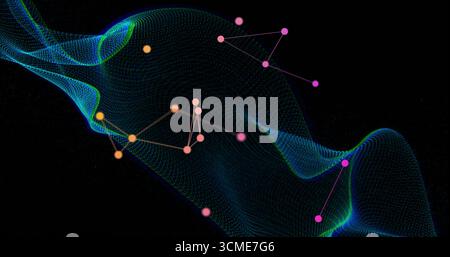 Flowing wave-like digital mesh animating data network, with connecting lines, colored node clusters Stock Photo