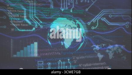 Semi-transparent 3D globe rotating on dark grid plane, with neon network lines, code and bar chart Stock Photo