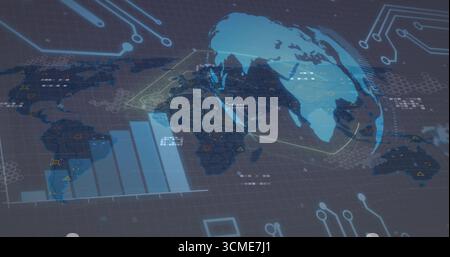 Presenting holographic globe on dark grid, with bar chart, data points, cells and warning icons Stock Photo