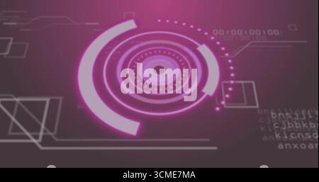 Animating central HUD interface in digital gradient environment with rings, modules and binary code Stock Photo