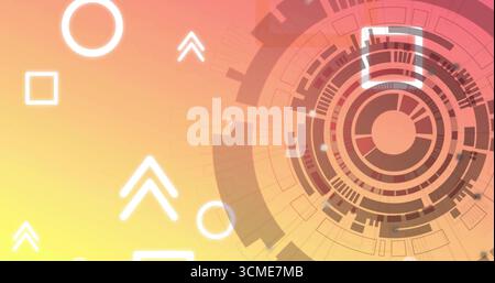 Concentric segmented interface rotating in warm gradient background, with white shapes, copy space Stock Photo