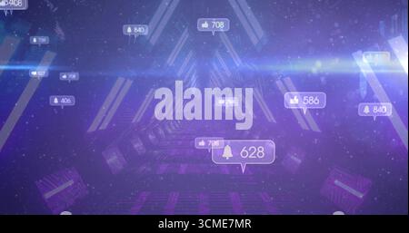 Hovering notification bubble showing bell icon and 628 count in neon tunnel, with glowing panels Stock Photo