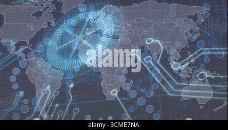 Projecting holographic circular interface hovering above world map, with glowing nodes and hex grid Stock Photo