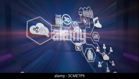 Projecting floating icons forming chart in server hall, with cloud wrench server rack padlock icons Stock Photo