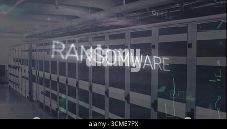 Displaying central server racks extending through data center corridor, with RANSOMWARE overlay Stock Photo