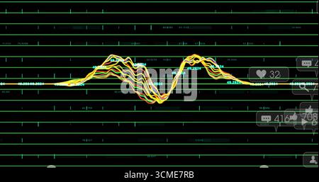Displaying screen showing multicolored waveform at analytics UI with green grid and UI icons Stock Photo