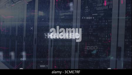 Showing glitchy HACKED text streaming through data center room with server racks and code overlays Stock Photo