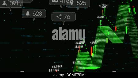 Displaying 3D green candlestick chart rising on dark dashboard, showing data labels, icon bubbles Stock Photo