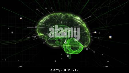 Projecting neon green wireframe brain in virtual grid, radiating connection lines, arrow icon nodes Stock Photo