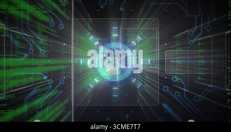 Displaying central circular HUD in square frame scrolling green code blue circuit lines data panels Stock Photo