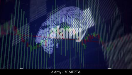 Displaying wireframe digital brain in chart display, with candlestick bars and red trend line Stock Photo
