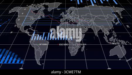 Displaying world map on dashboard grid, showing highlight zones, blue bars, red lines, data labels Stock Photo
