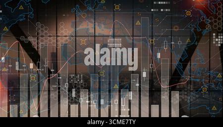 Displaying financial charts with world map overlay on grid window at modern office Stock Photo