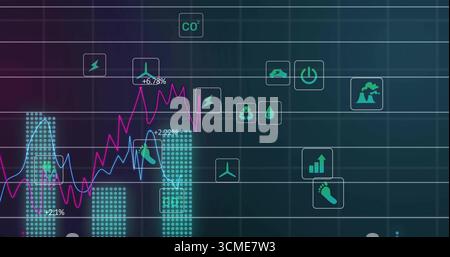 Displaying dashboard showing magenta-light-blue graphs, teal bars with % labels on grid, with icons Stock Photo