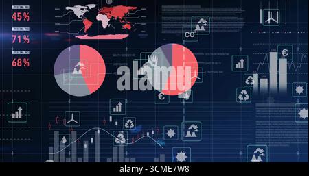 Displaying red-gray pie chart on screen with world map metrics bar-chart line-chart and icons Stock Photo