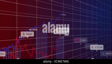 Displaying dashboard with blue upward line, red fluctuating line, dotted bars, pop-up icons Stock Photo