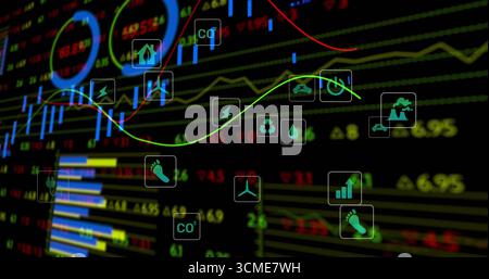 Displaying financial environmental dashboard on dark display, showing chart lines, values and icons Stock Photo