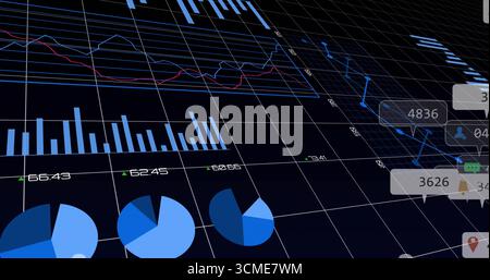 Displaying dashboard on 3D grid lines, with bar and pie charts, annotating line graphs, UI icons Stock Photo